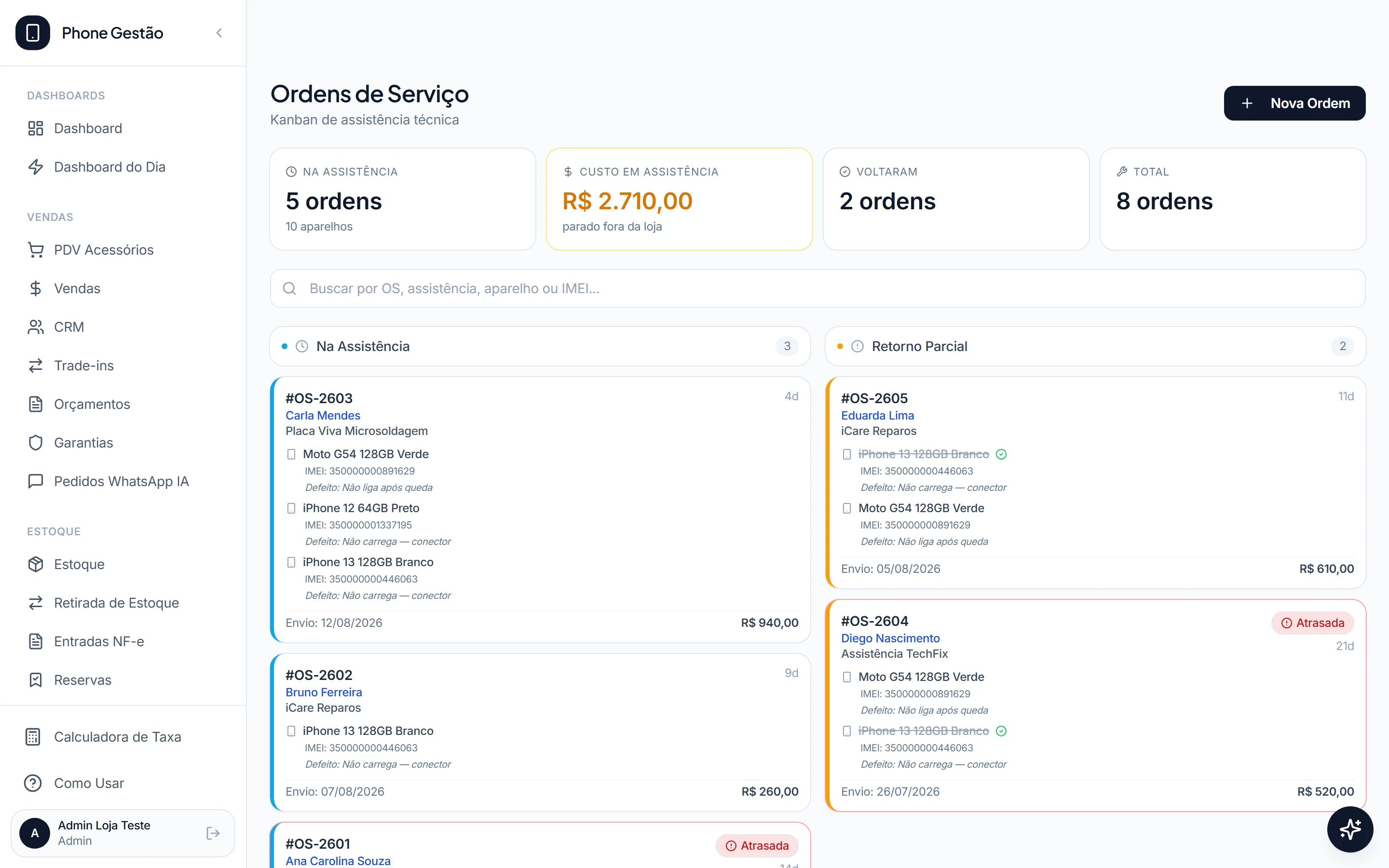 Quadro kanban de ordens de serviço com colunas por situação e o custo em assistência somado